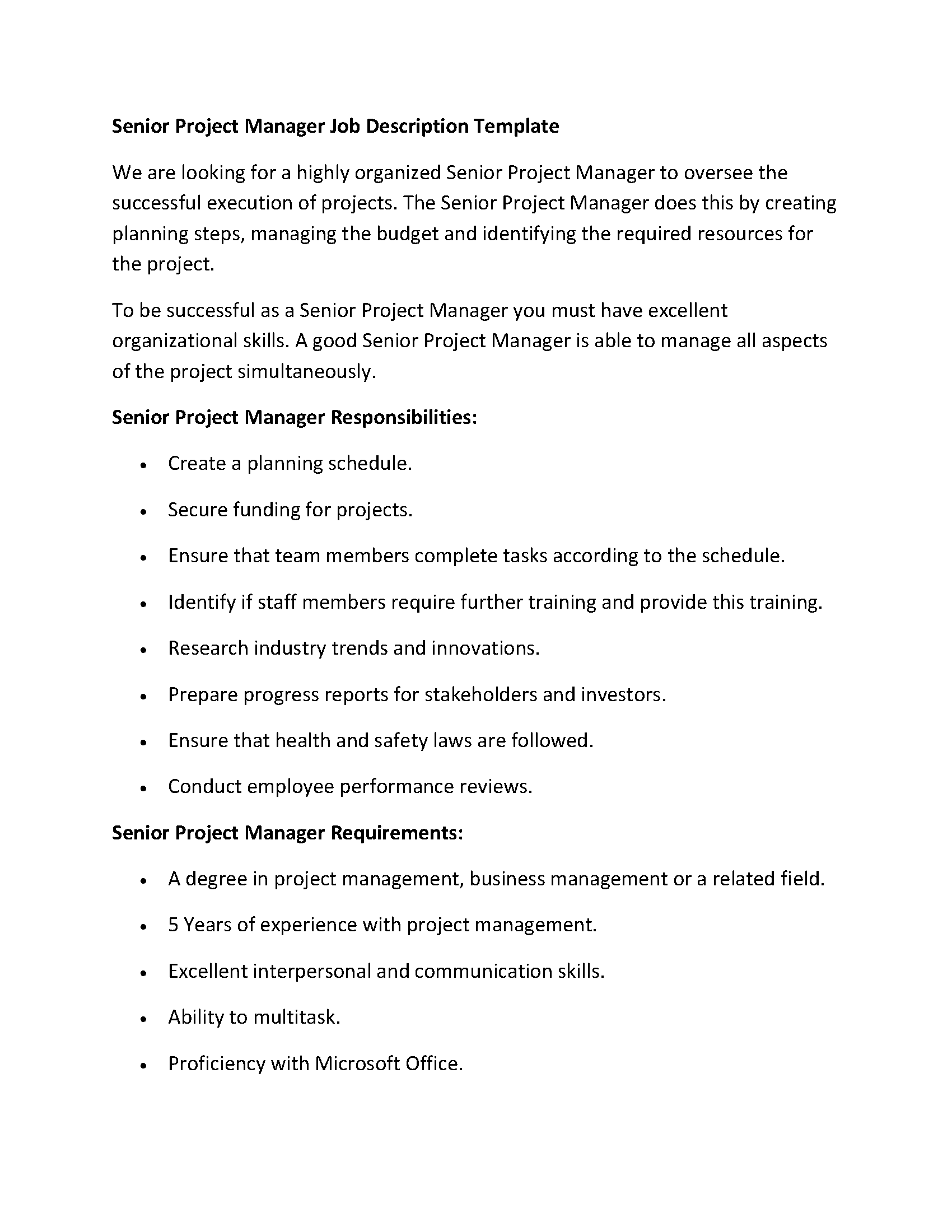 Senior Project Manager Job Description Template